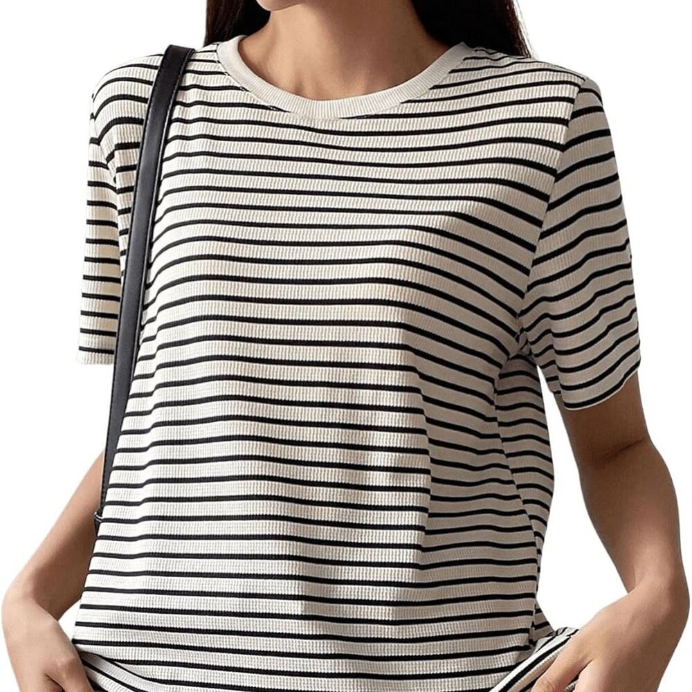 New Black/Ecru Stripe Heavyweight Short Sleeve Ribbed Crew Neck T-Shirt